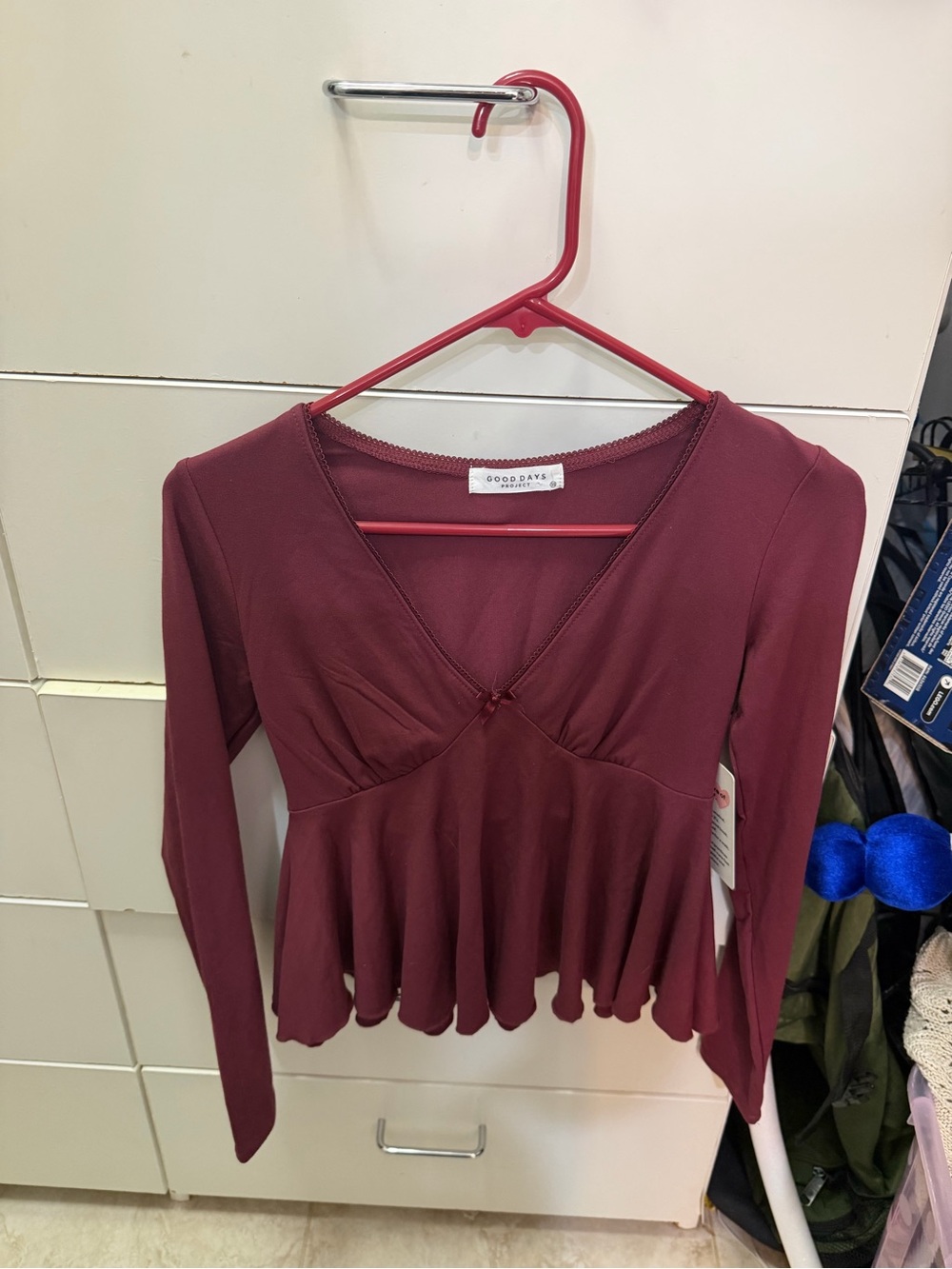 NWT Good Days Project XS Maroon Red Babydoll Long Sleeve Top